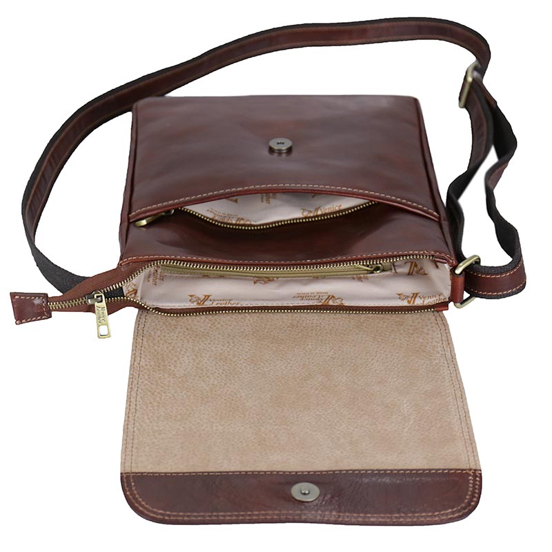 ITALY-Men's handmade genuine leather handbag with metal zip closure and shoulder  strap