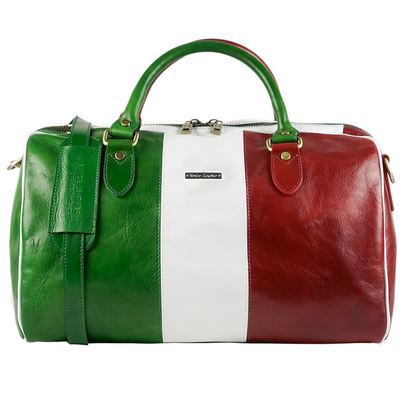 CATANZARO- Unisex handmade genuine leather travel bag with italian flag big  size