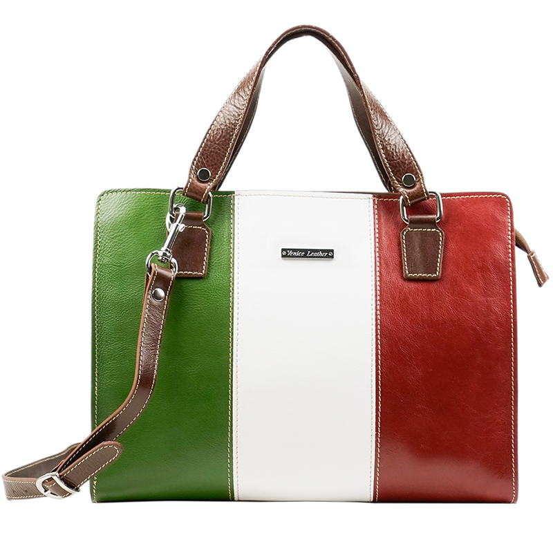 ELVIRA- Women's handmade leather handbag with italian flag and shoulder  strap