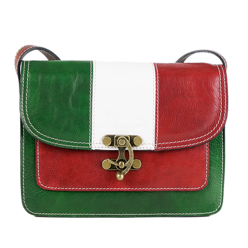 SENARA-Women's handmade leather shoulder bag with italian flag and flap closure with hook